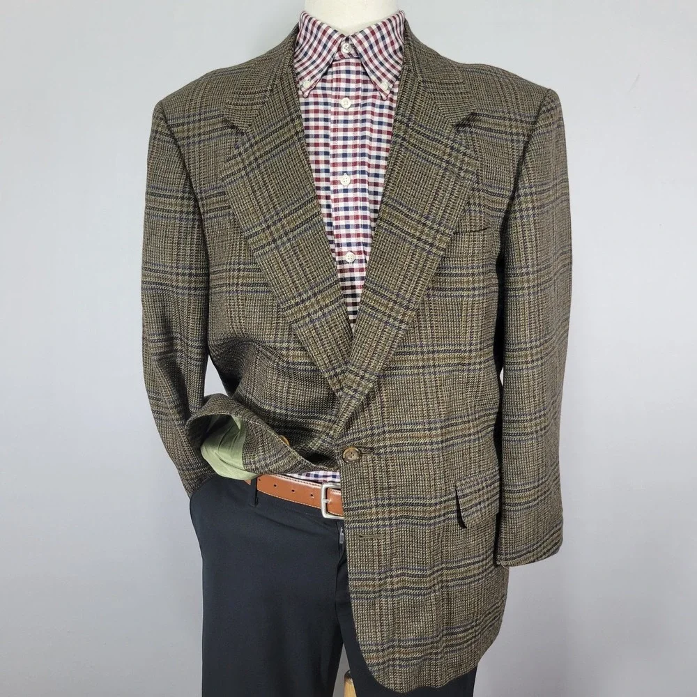 Oscar De‎ La Renta Men's Sport Coat Blazer Two Button Olive Tweed Plaid Wool 44R